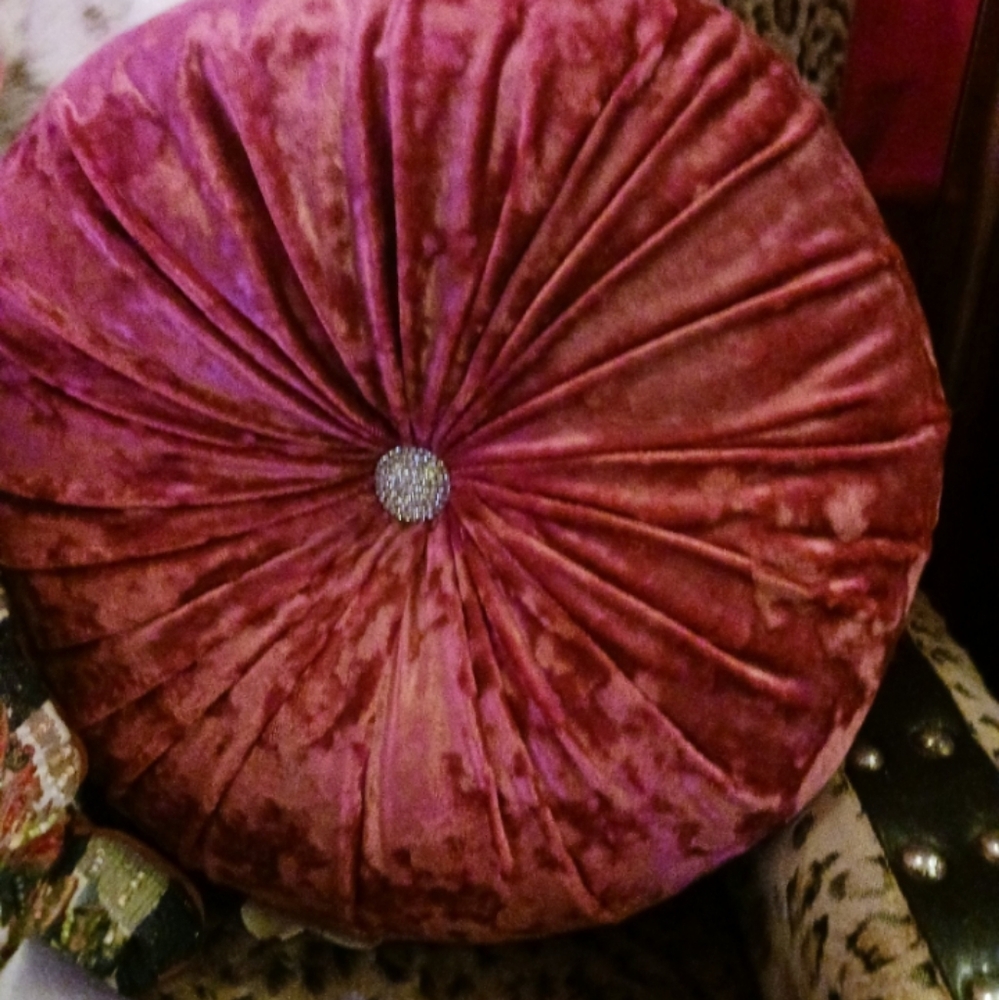 Velvet Round Pink Pillow with Crystal Accent
